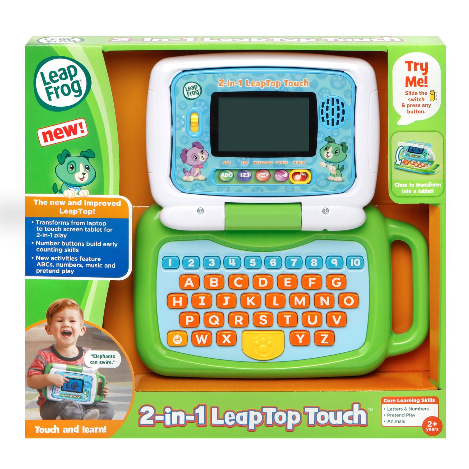 LeapFrog dispositivo abierto sobre mesa en uso activo, apoya juego supervisado