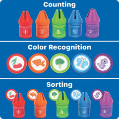 Learning Resources crayones abiertos con monedas demostrando almacenaje práctico