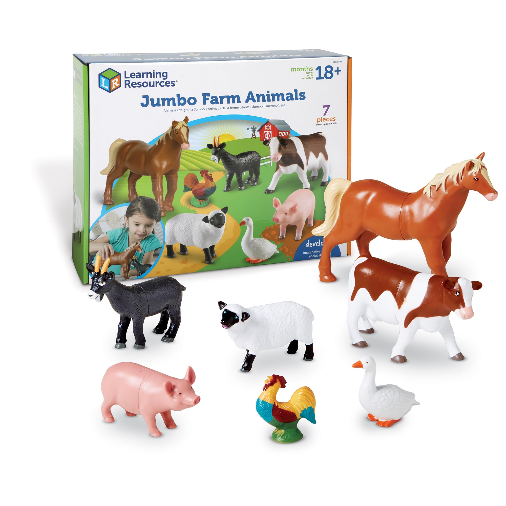 Learning Resources figura frontal del conjunto mostrando los siete animales y atractivo visual