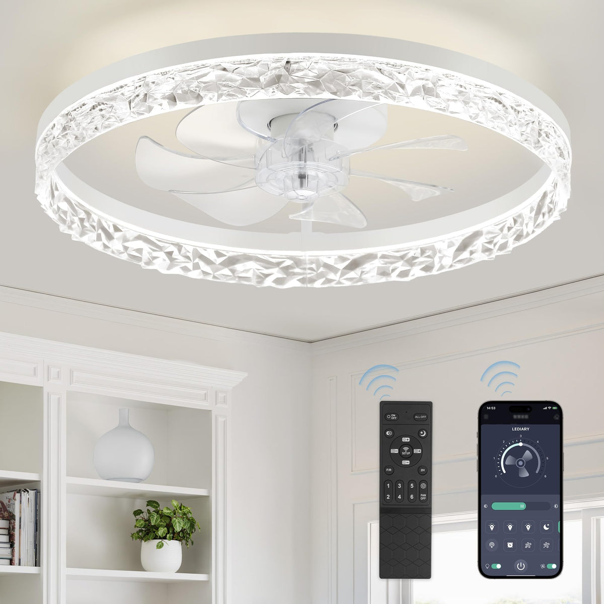 LEDIARY vista frontal del ventilador blanco con luz, aspecto moderno y ahorro