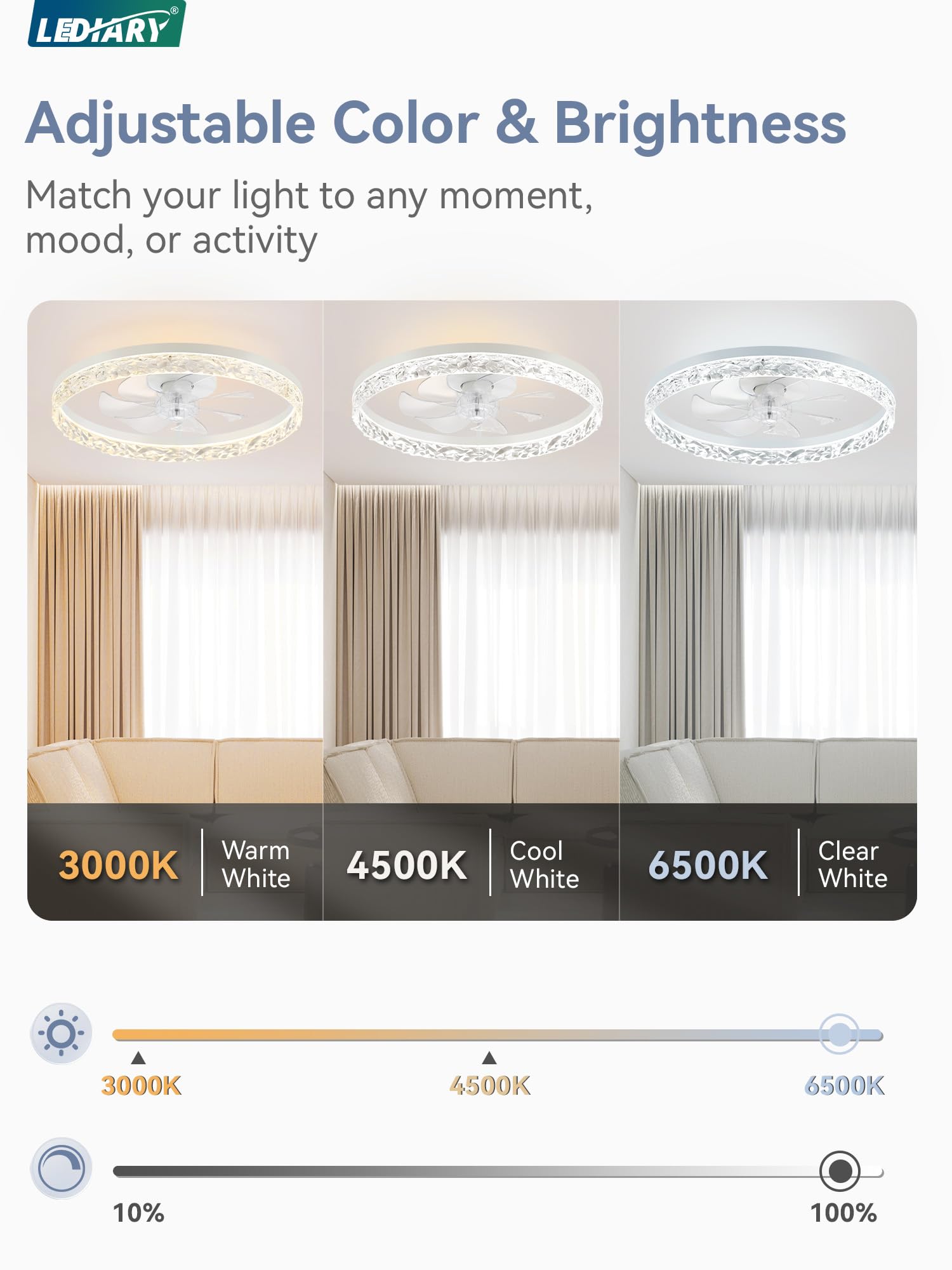 LEDIARY iluminación cálida 3000K encendida, ambiente acogedor y regulable