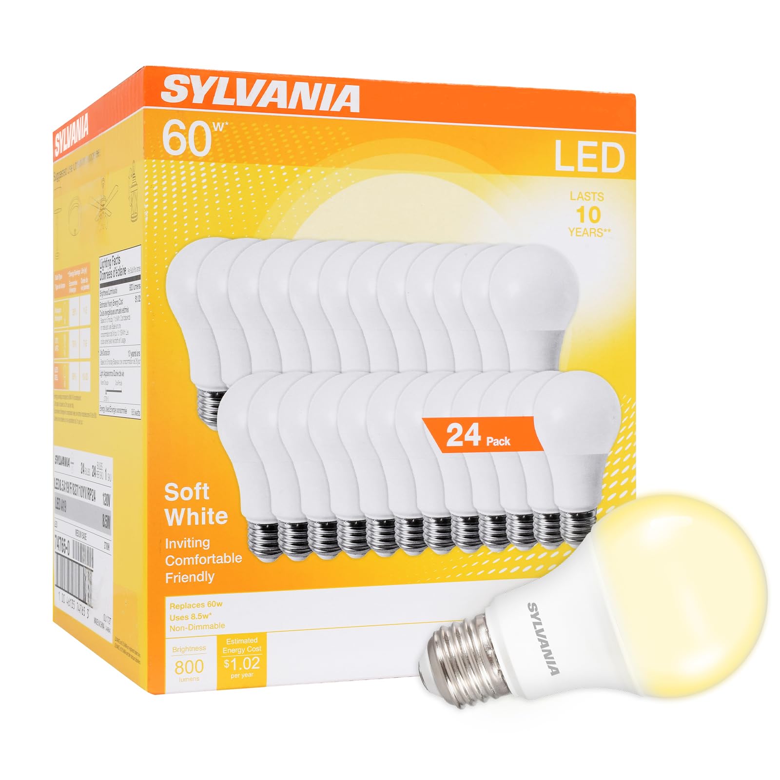 LEDVANCE Sylvania vista frontal mostrando forma A19 y beneficio eficiencia