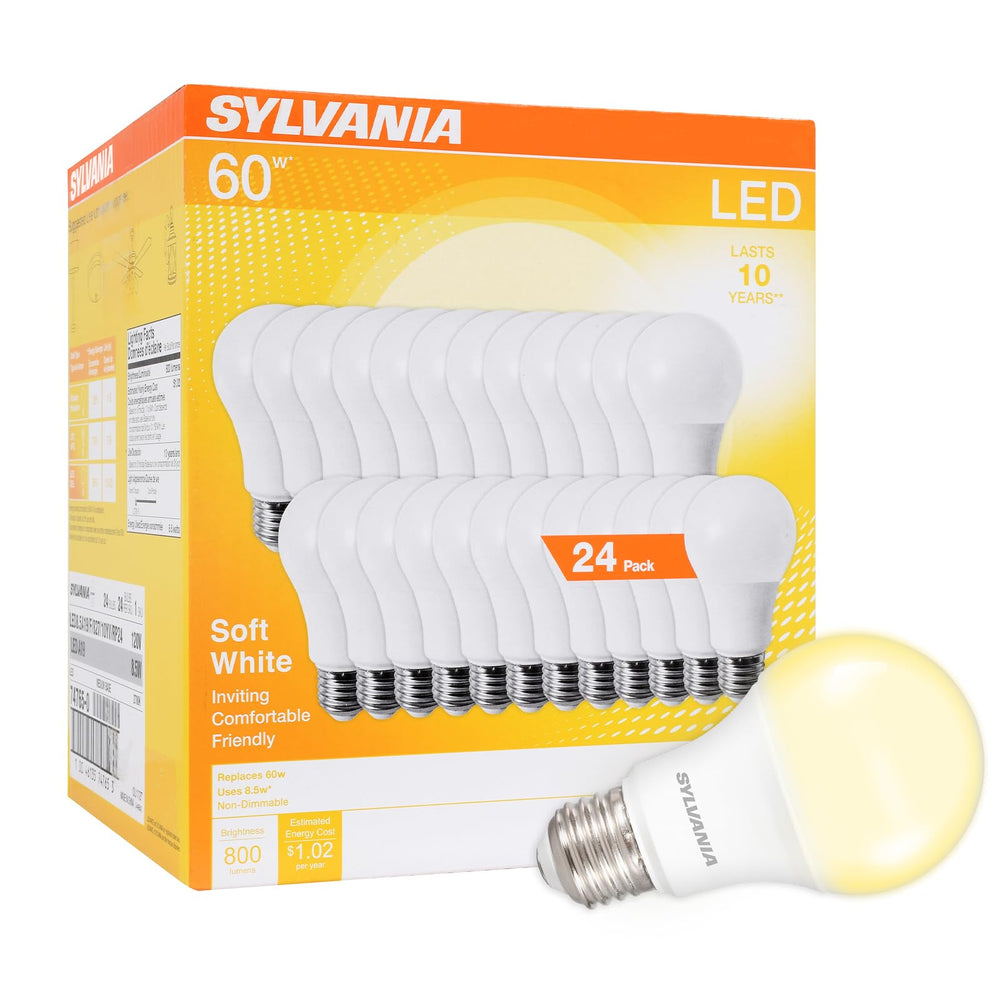 LEDVANCE Sylvania vista frontal mostrando forma A19 y beneficio eficiencia
