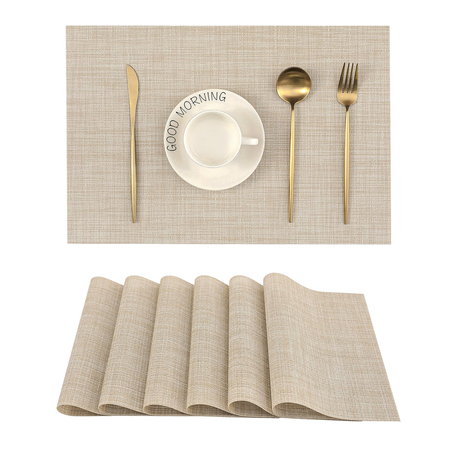 Leetaltree vista frontal del set de 6 individuales beige que embellece la mesa