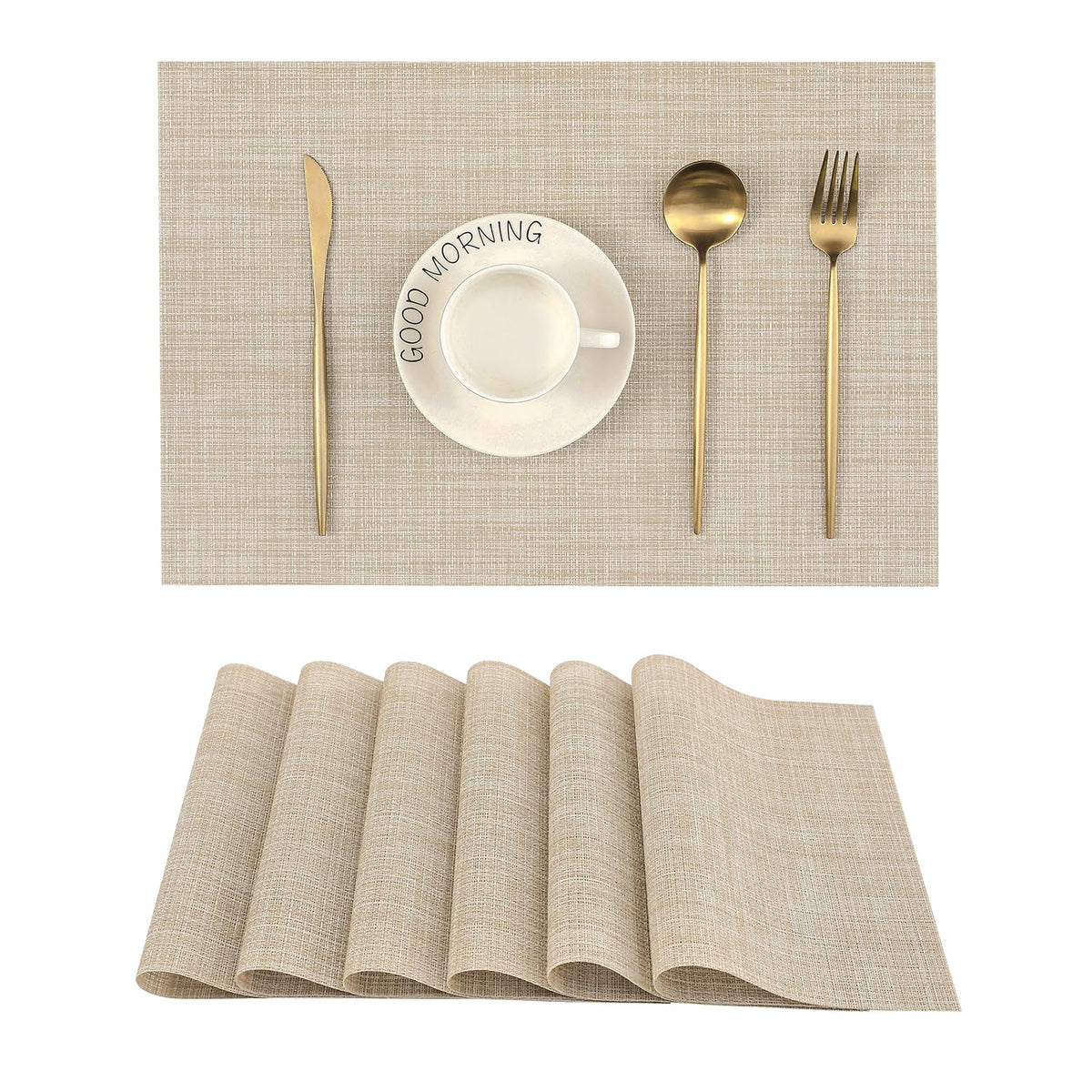 Leetaltree vista frontal del set de 6 individuales beige que embellece la mesa