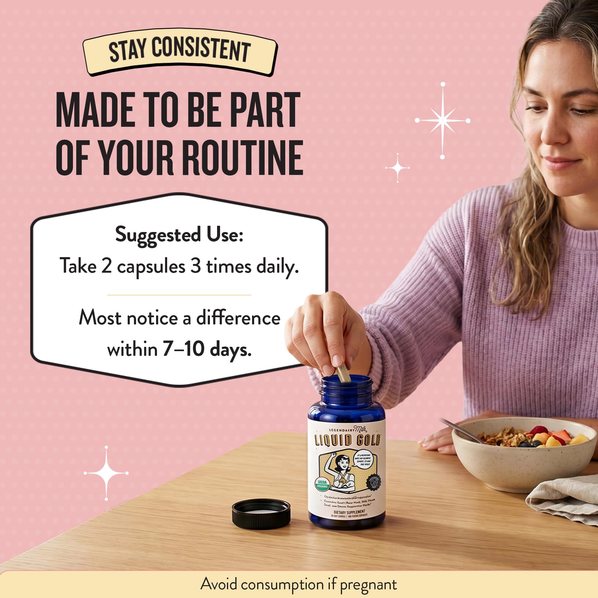 Legendairy Milk bottle beside nursing parent illustrating supportive routine