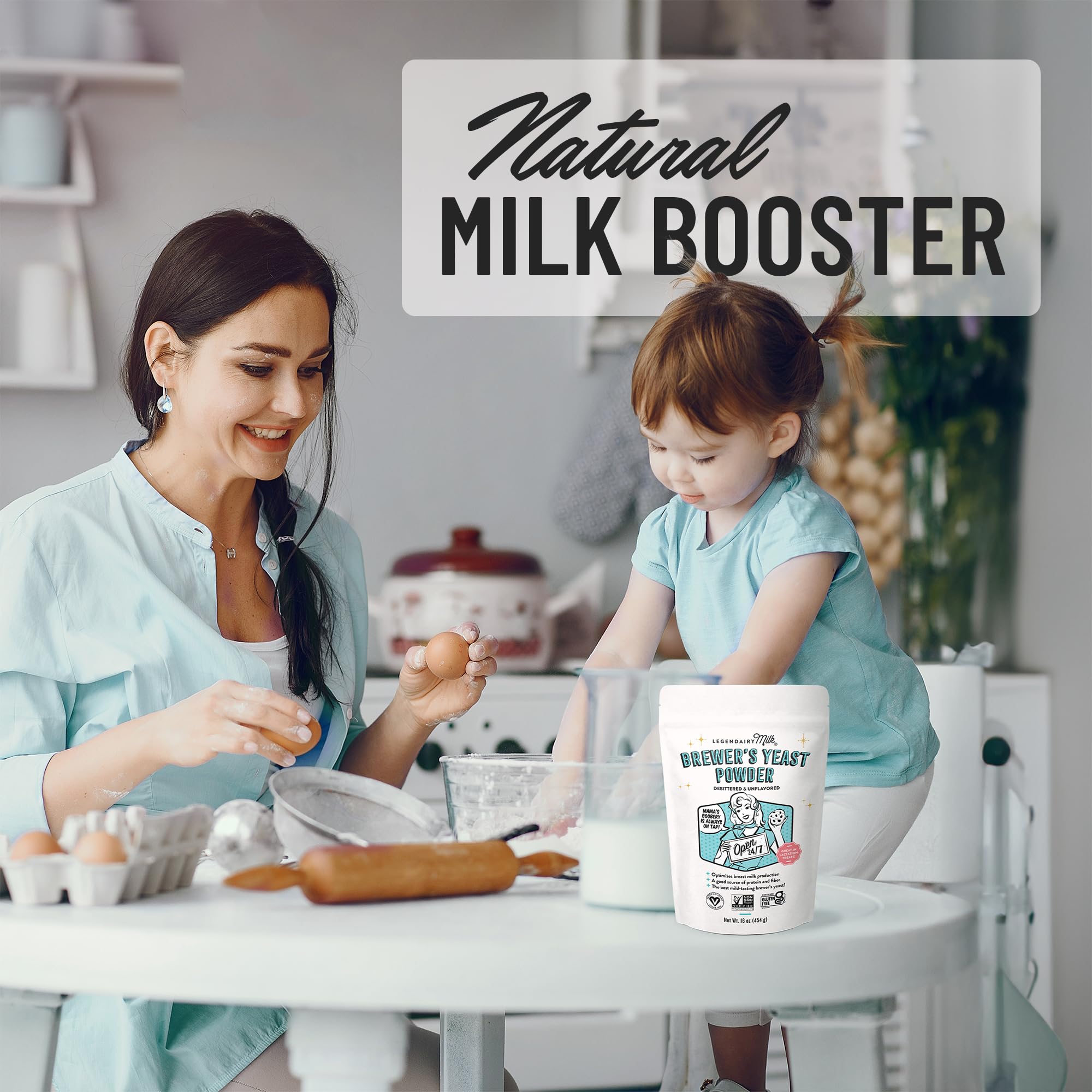 Legendairy Milk producto en cocina mientras una mamá prepara alimentos saludables