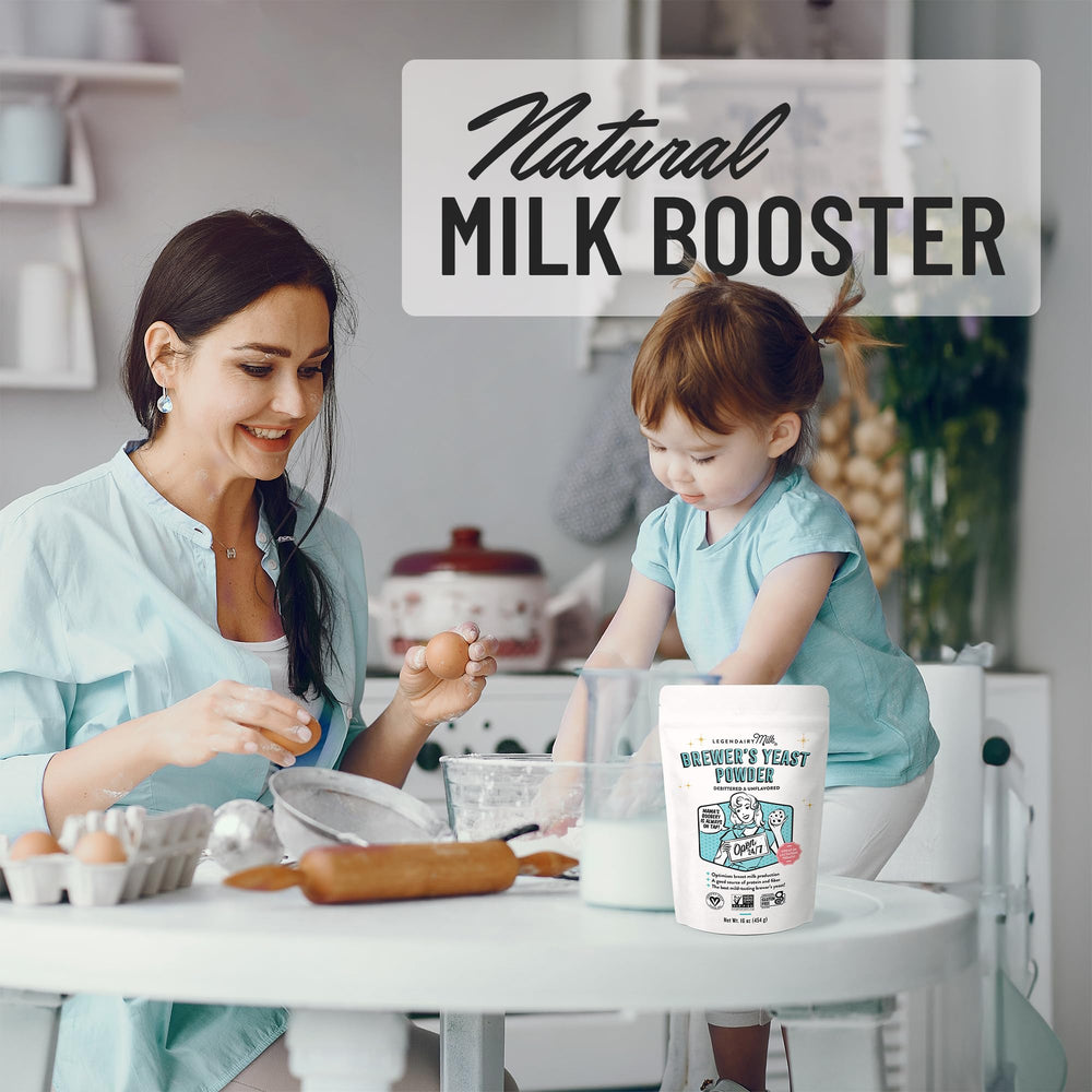 Legendairy Milk producto en cocina mientras una mamá prepara alimentos saludables