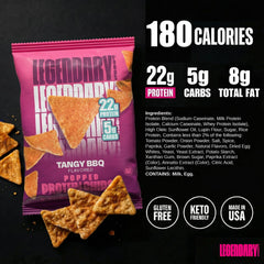 Legendary Foods bolsa abierta con chips popped mostrando textura ligera y crujiente
