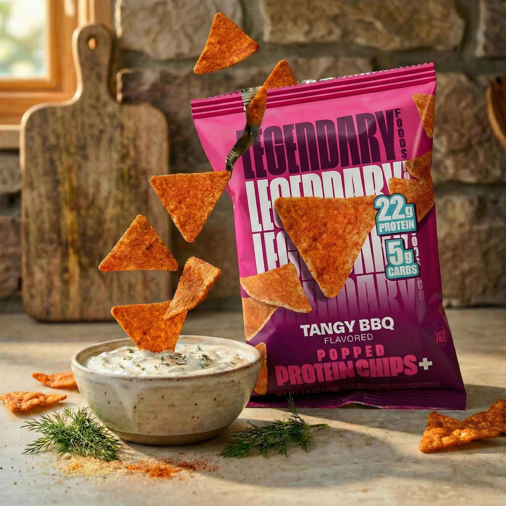 Legendary Foods bolsa dentro de lunchbox de oficina como snack alto en proteína