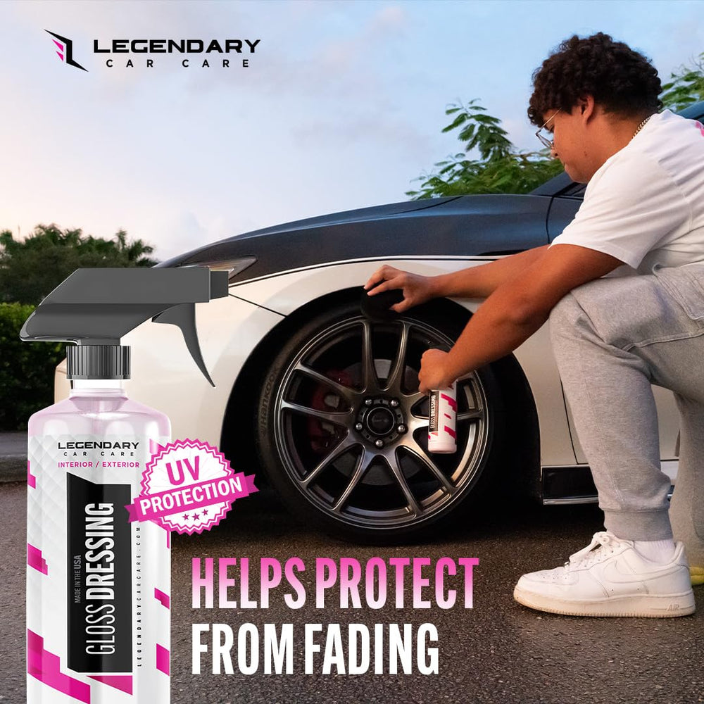 Legendary Car Care neumático antes y después que muestra restauración de color y brillo