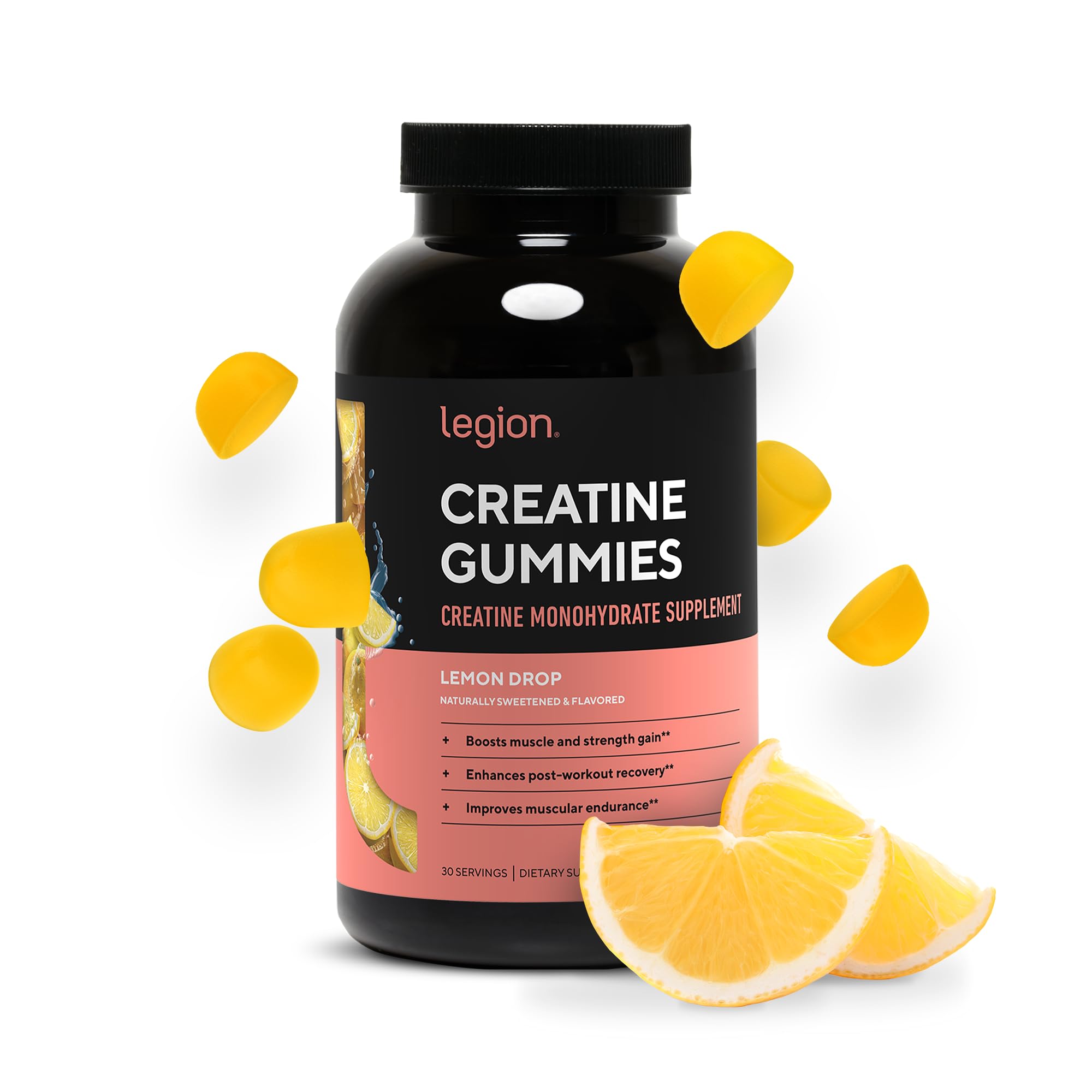 LEGION gomitas envase frontal muestra 30 porciones y sabor Lemon Drop