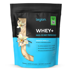 LEGION Whey+ frontal del envase mostrando diseño y sabor French Vanilla