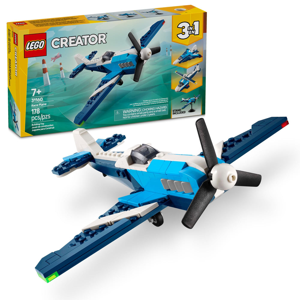 LEGO avión de carreras frontal mostrando diseño y juego rápido