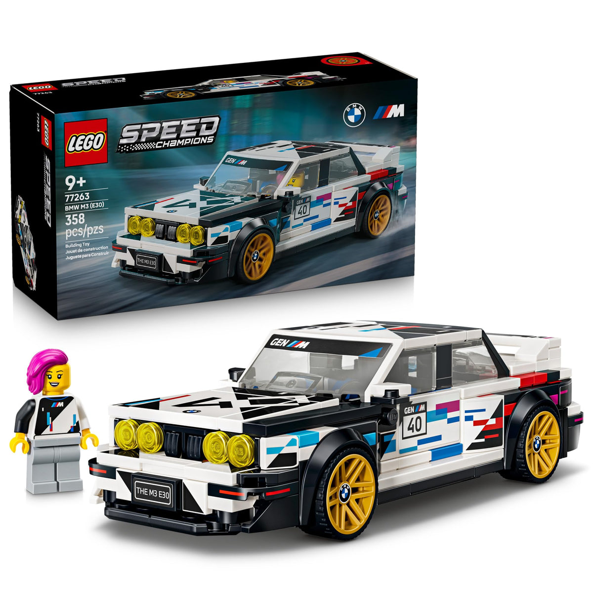 LEGO BMW frontal del set mostrando la caja y el coche para exhibir