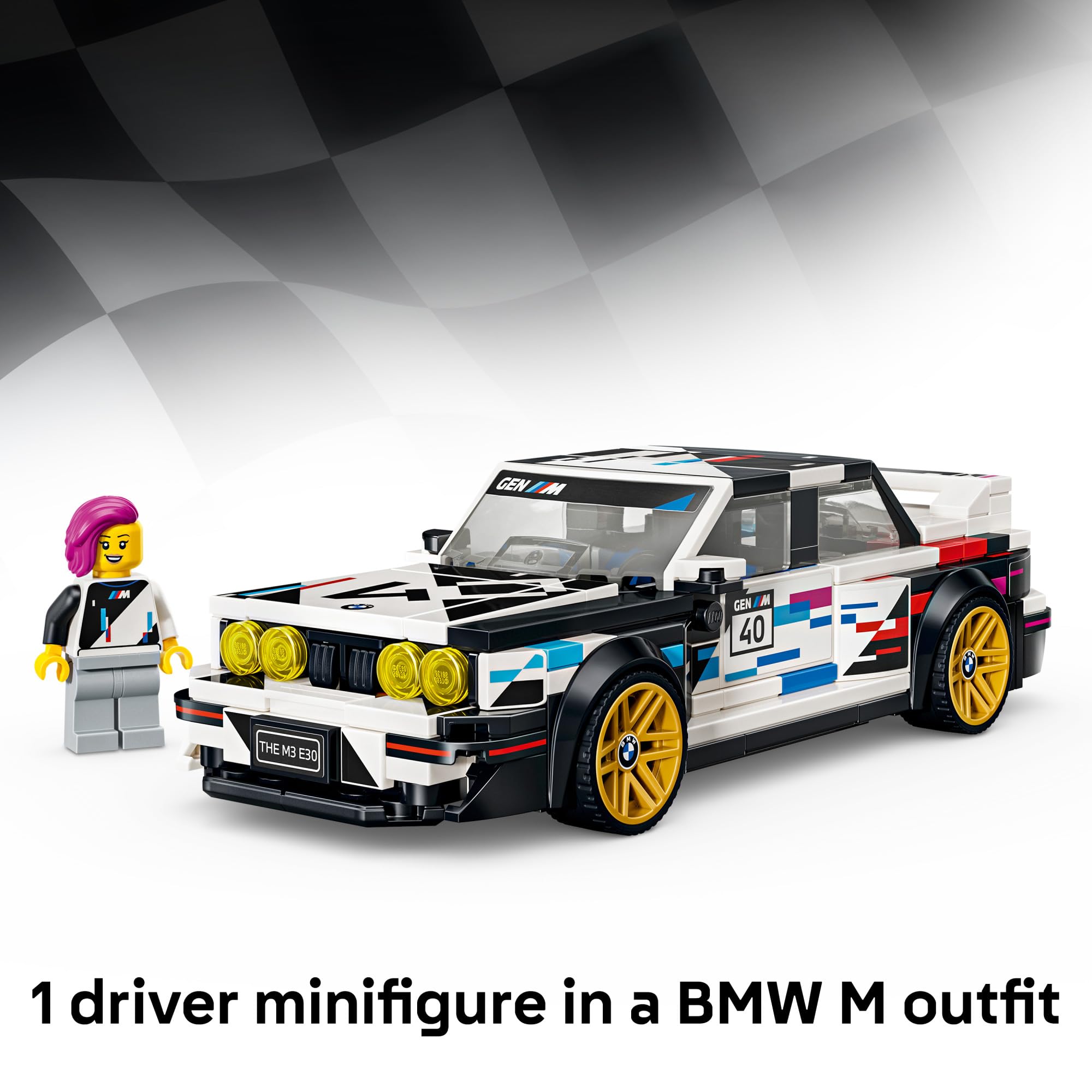 LEGO BMW primer plano de la librea especial con colores de competición