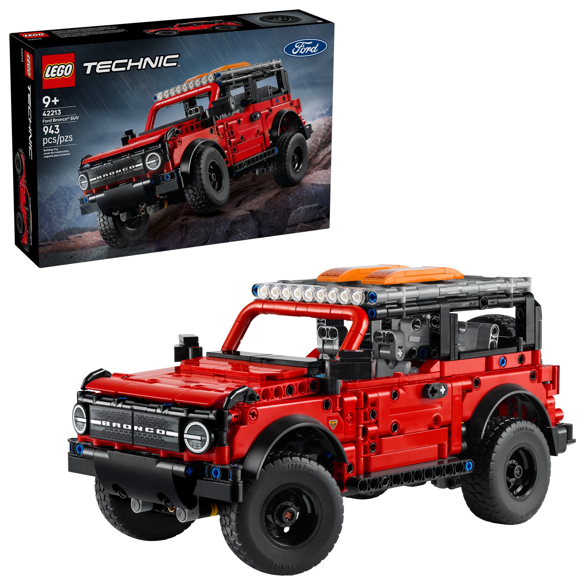 LEGO Ford Bronco vista frontal mostrando diseño rojo y negro y atractivo visual