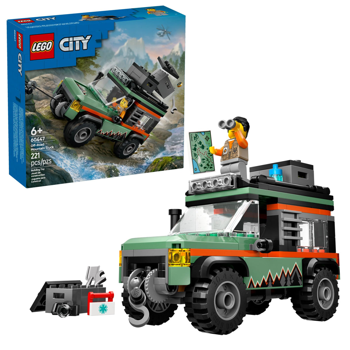 LEGO camión todoterreno vista frontal mostrando diseño robusto y juego activo