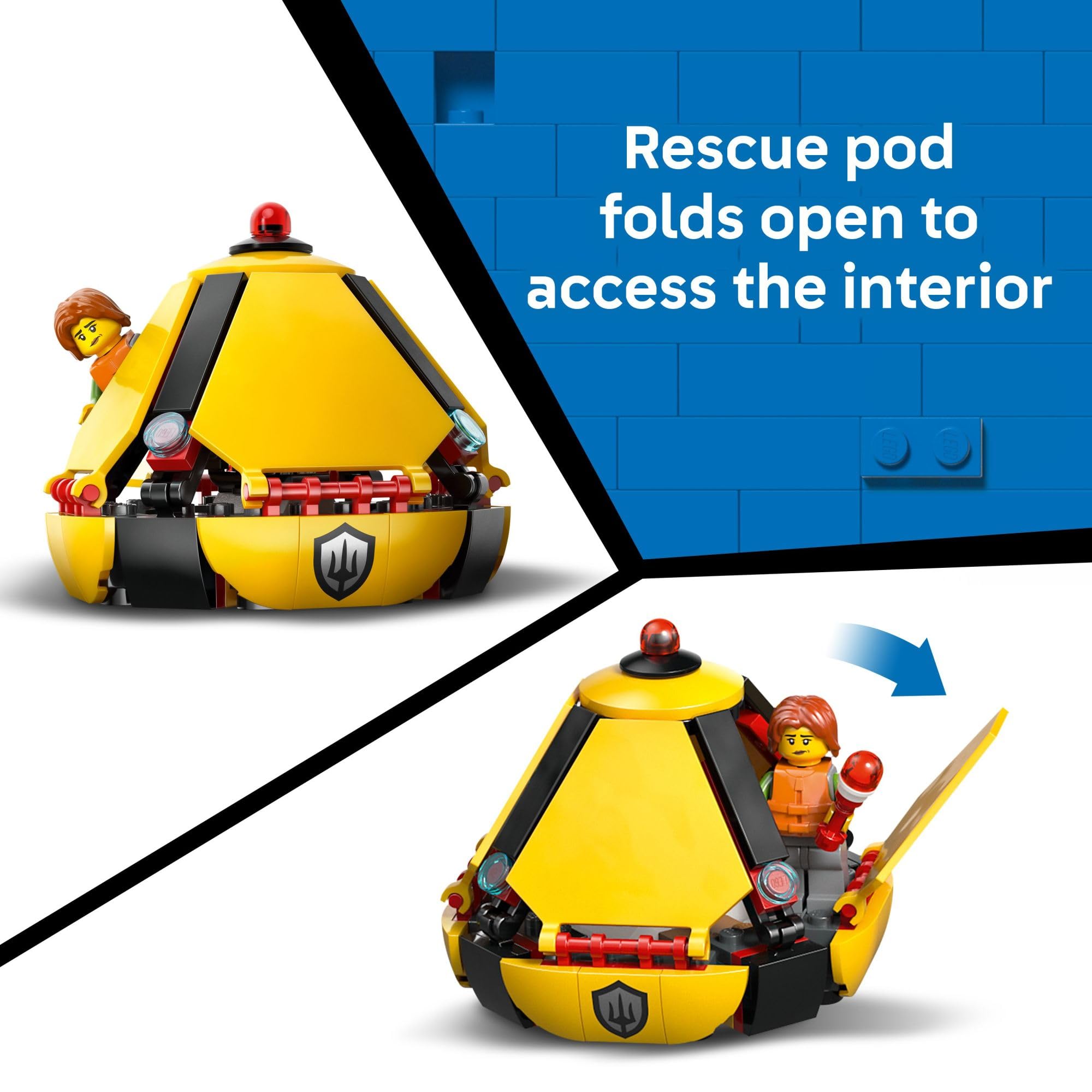 LEGO escena en agua con minifiguras y tiburón para misiones emocionantes