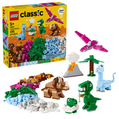 LEGO Classic empaque frontal mostrando dinosaurios y piezas variadas, inspira juego creativo