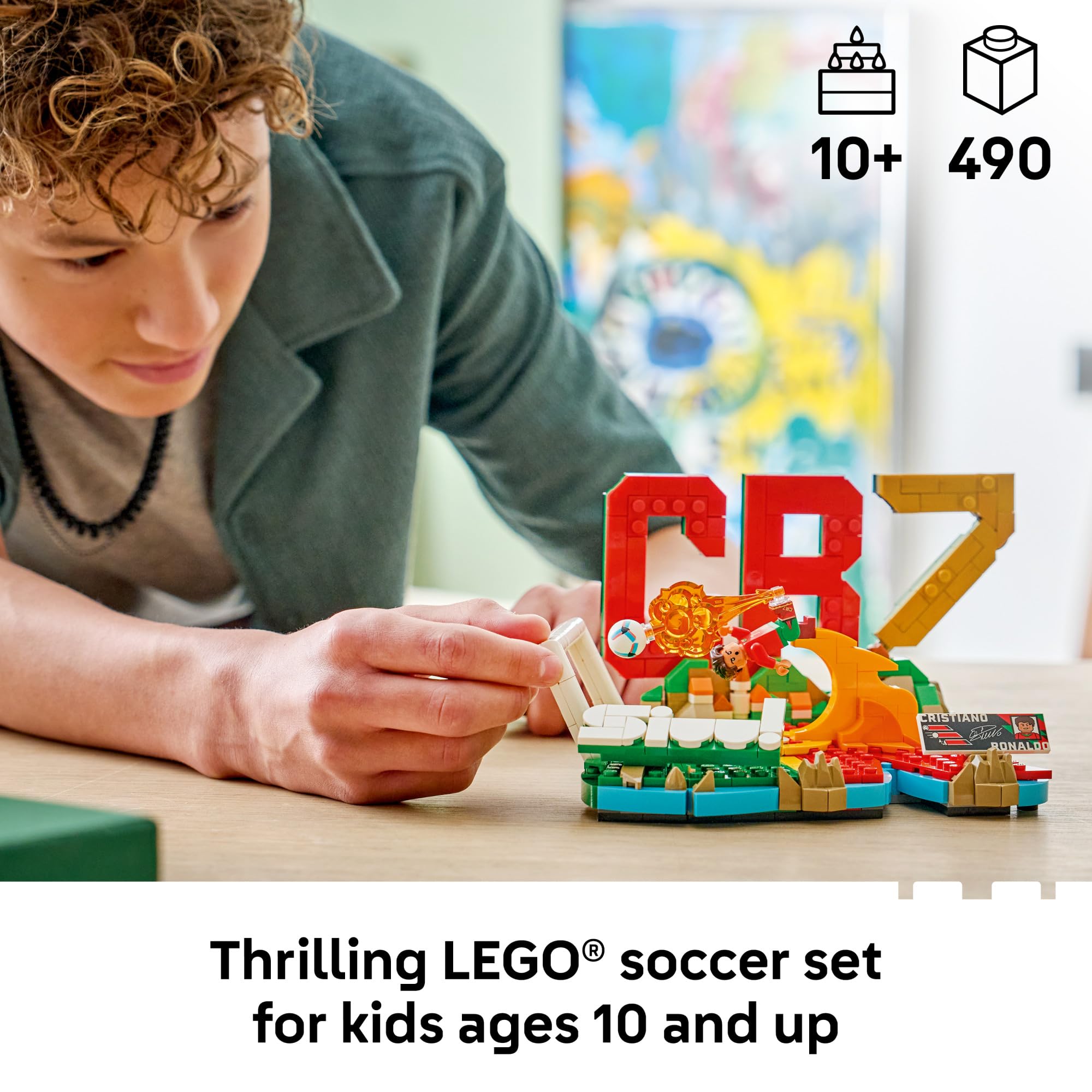 LEGO Cristiano Ronaldo base close-up showing initials and Portugal colors