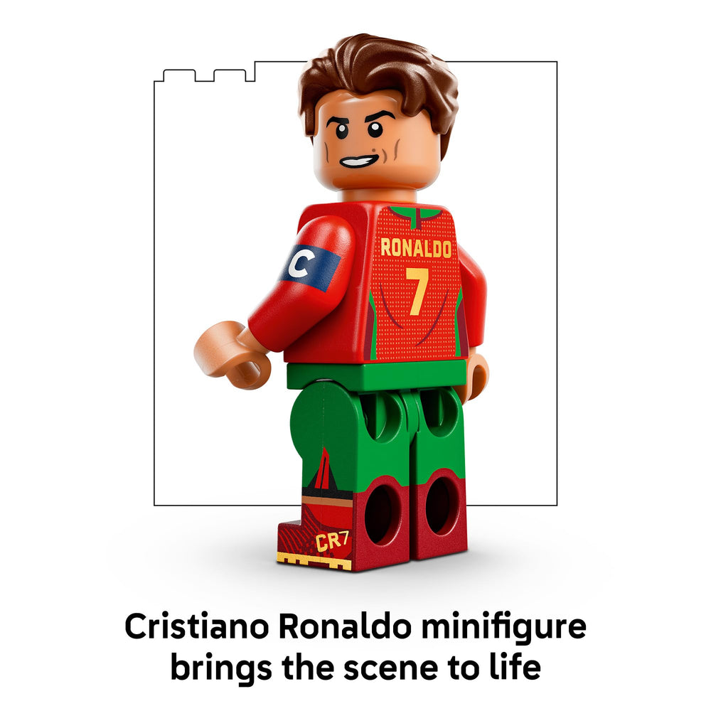 LEGO Cristiano Ronaldo small goal and net scene highlighting play pose