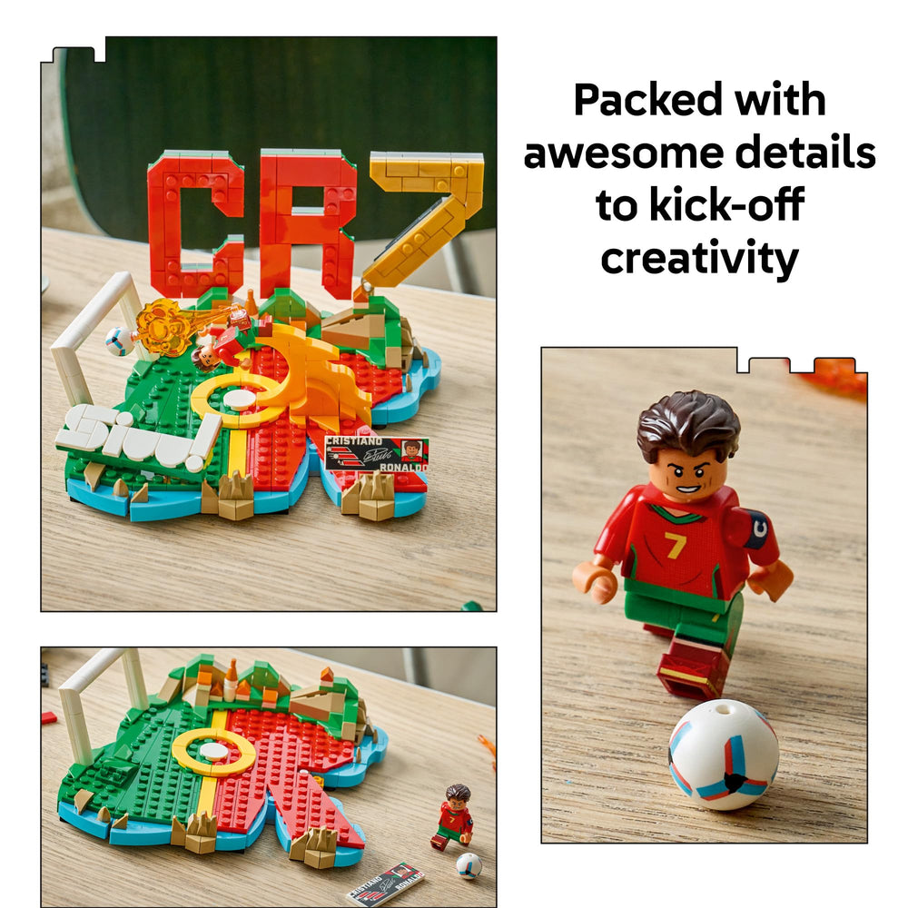 LEGO Cristiano Ronaldo minifigure posed mid-kick, clear player likeness