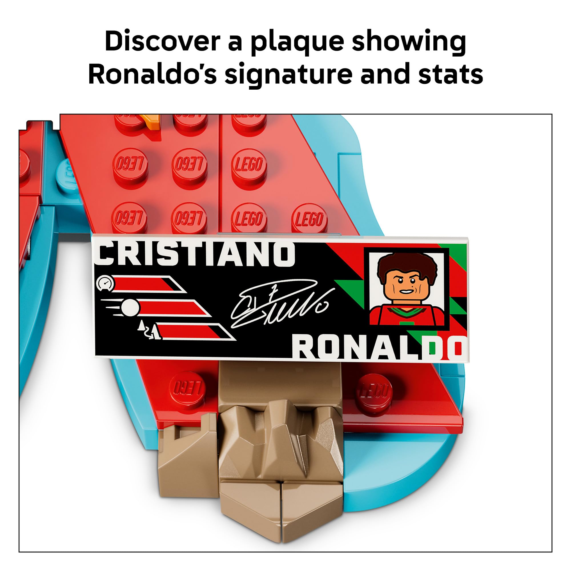 LEGO Cristiano Ronaldo collectible plaque showing printed stats and signature
