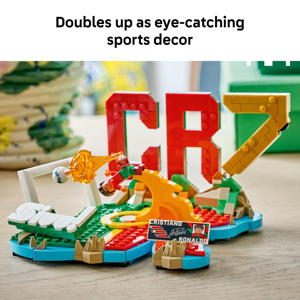 LEGO Cristiano Ronaldo on a shelf beside books to show scale and decor