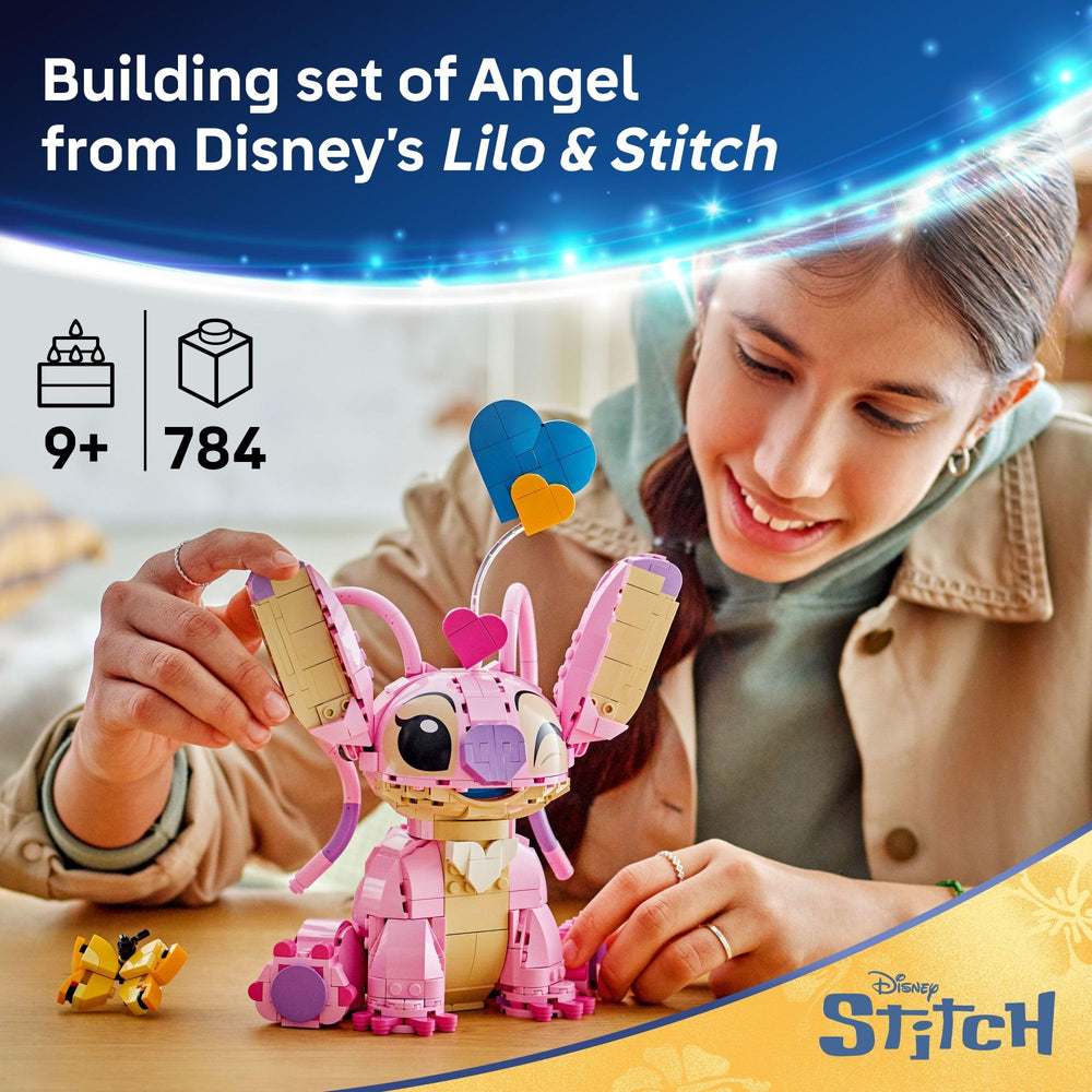 Figura montada de LEGO Angel mostrando su postura y colores vibrantes para exhibir