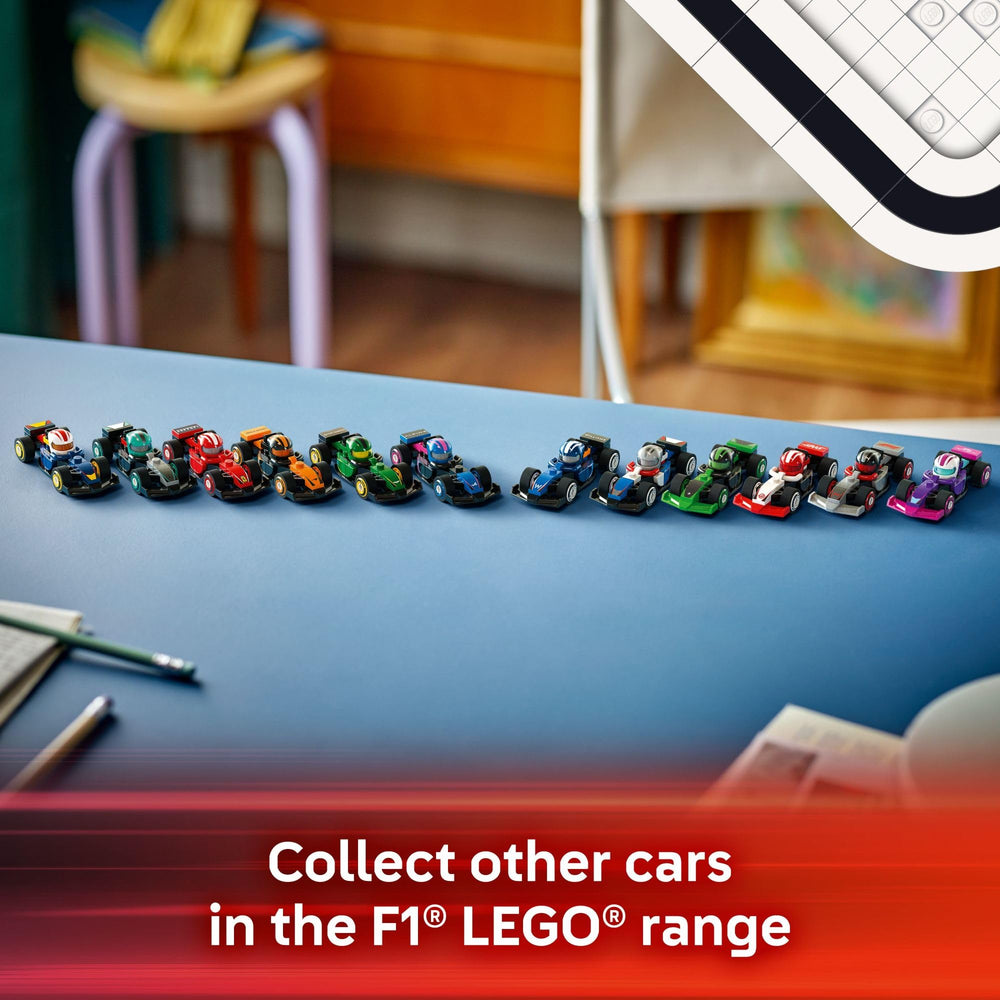 LEGO escena de fiesta con coches F1 como regalo y diversión grupal