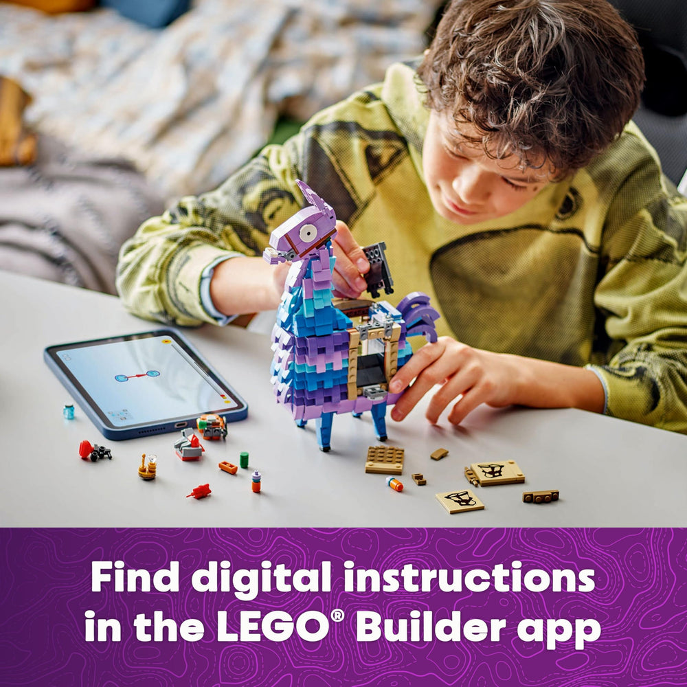 LEGO Supply Llama expuesta en vitrina de juegos, ideal para decoración