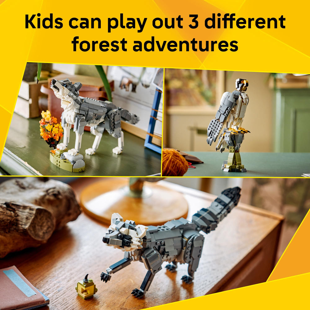 LEGO halcón con alas abiertas en pedestal, facilita juego aéreo dinámico