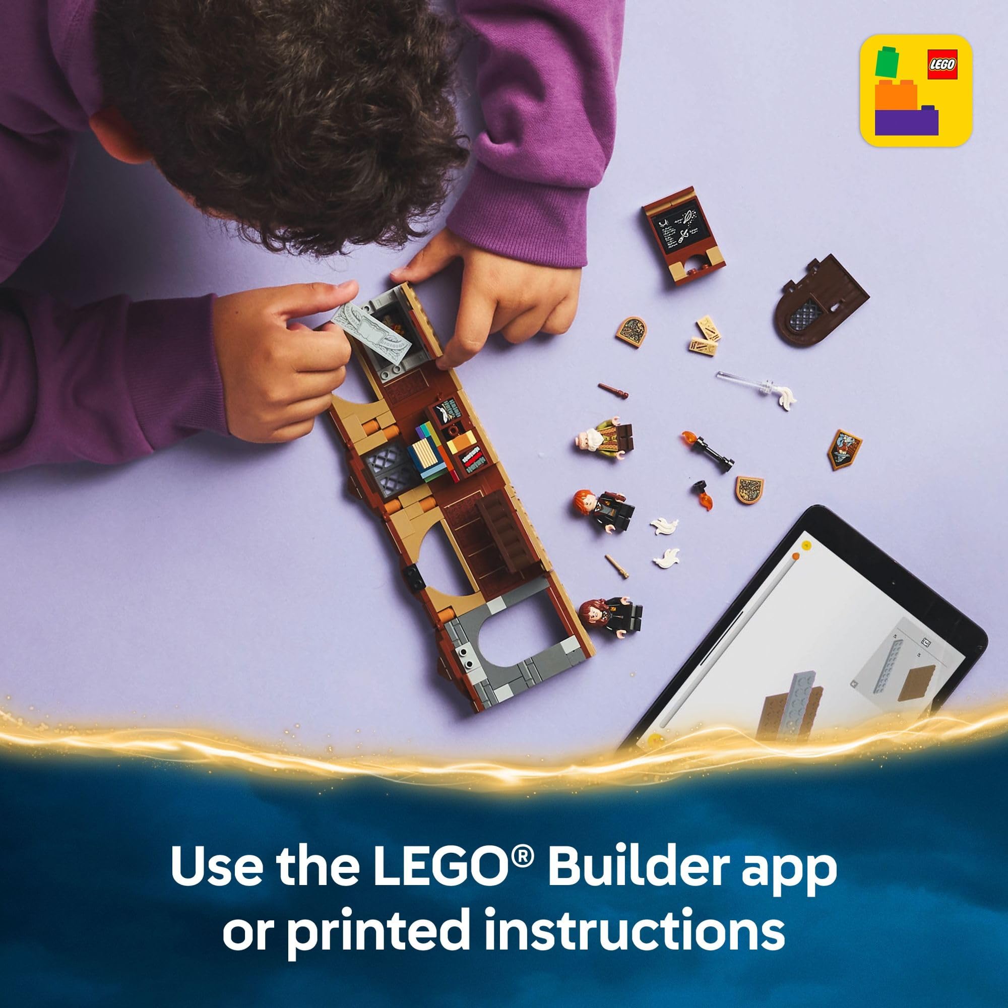 LEGO escena de juego con niños imaginando clases en Hogwarts