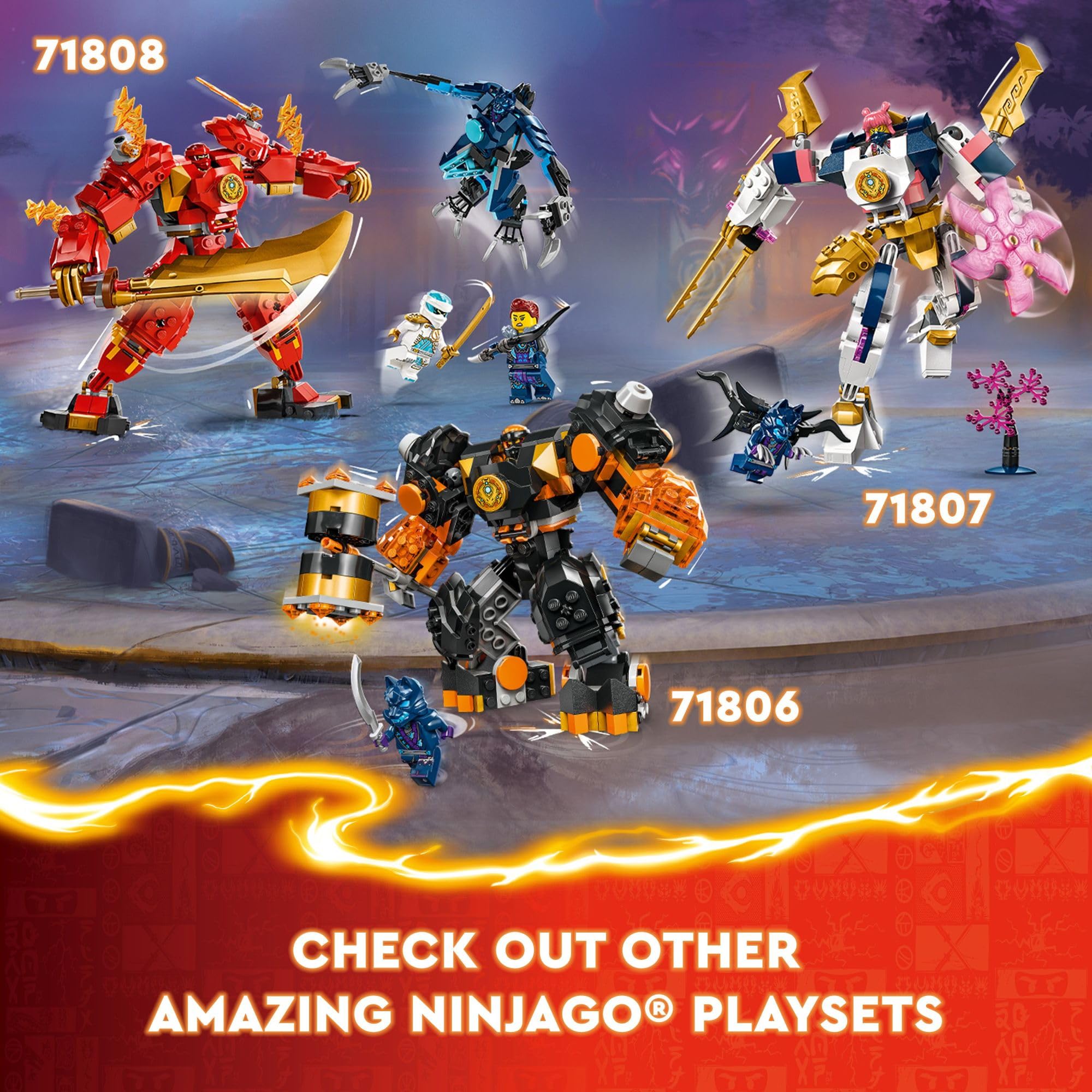 LEGO escena de juego con mech enfrentando al Wolf Mask Warrior para emoción narrativa