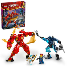 LEGO Kai’s Elemental Fire Mech vista frontal con pose dinámica y gran impacto visual