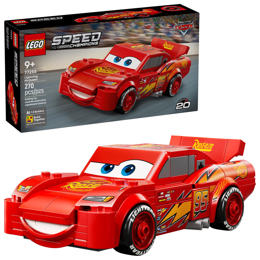 LEGO Lightning McQueen vista frontal mostrando diseño icónico y detalle de color
