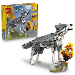 LEGO lobo gris frontal empaquetado, muestra contenido y atractivo del set