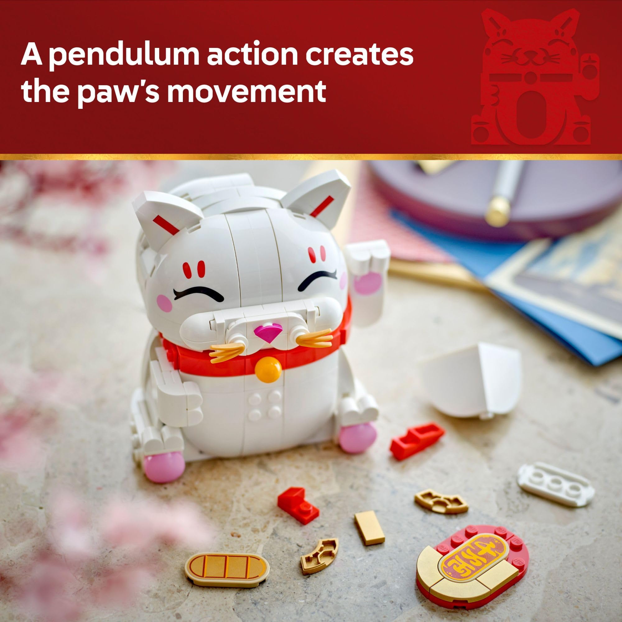LEGO Lucky Cat primer plano del rostro con ojos sonrientes y mejillas sonrojadas