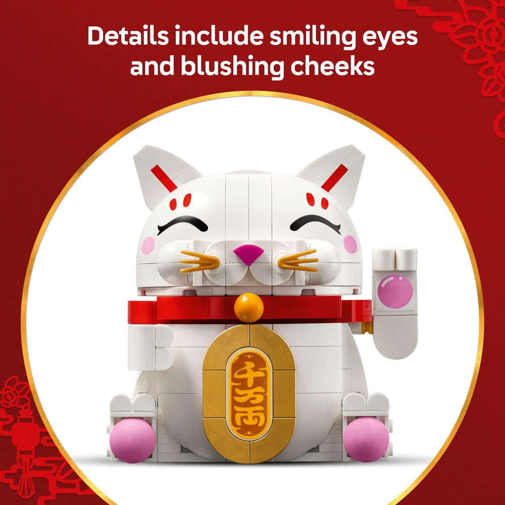 LEGO Lucky Cat panel abdominal con opción de moneda dorada o mensaje de fortuna