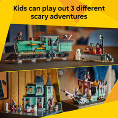 LEGO interior con órgano y rueda que revela un fantasma al girar