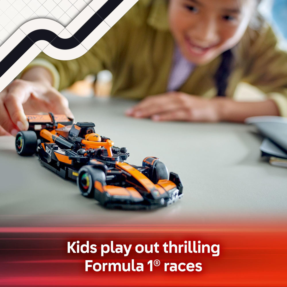 LEGO McLaren vista lateral que destaca el alerón trasero y líneas de carrocería
