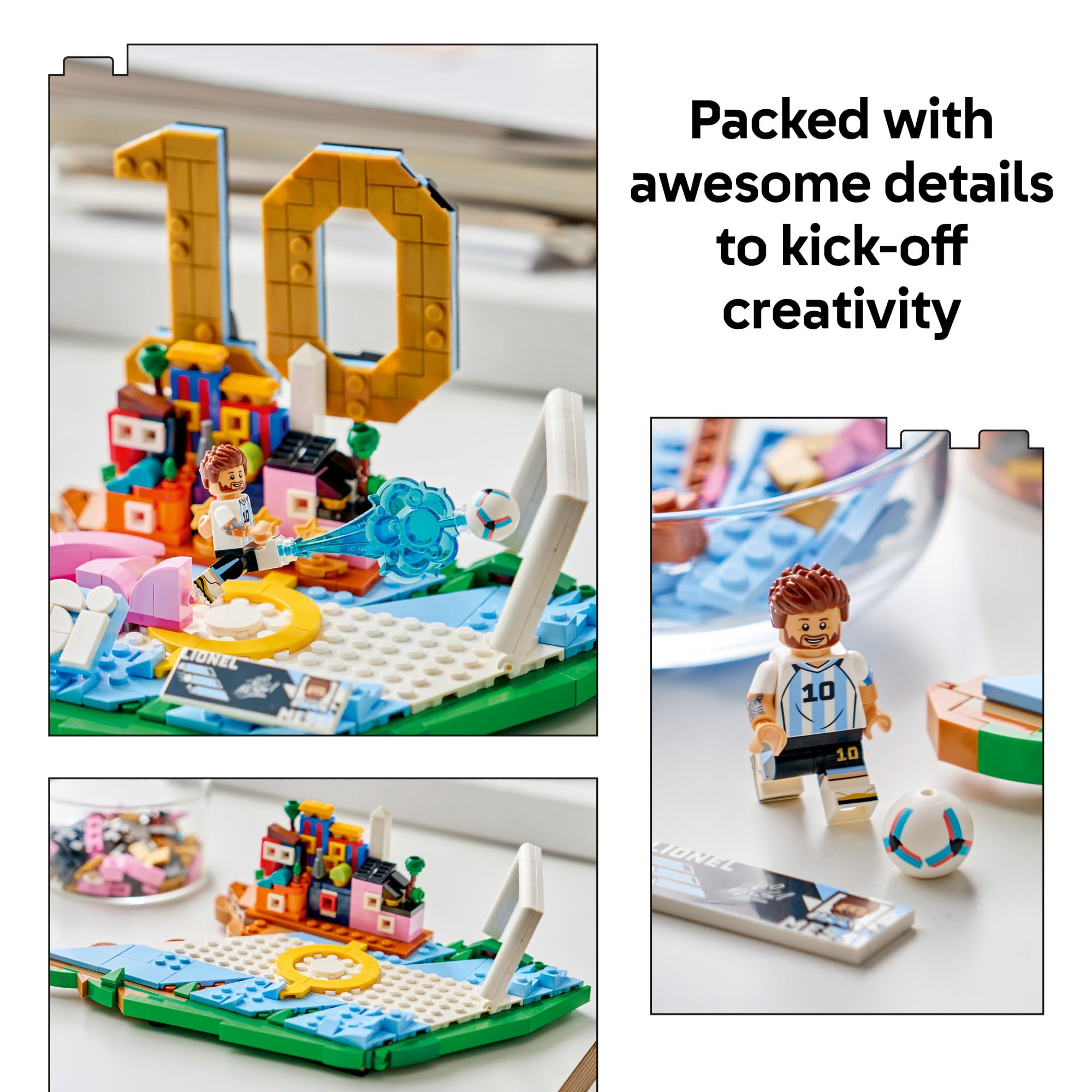 LEGO Messi base con la inicial M en colores argentinos para exhibición