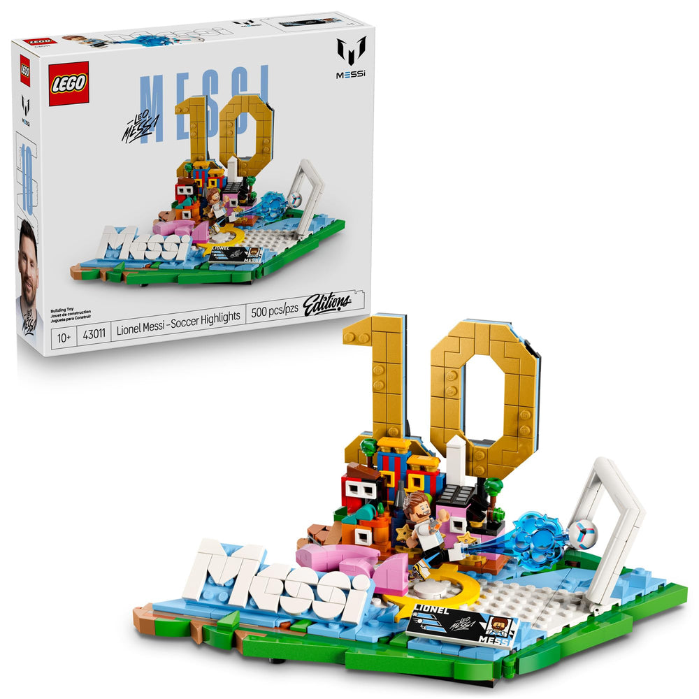 LEGO Messi frontal del set completo mostrando la escena y atractivo decorativo