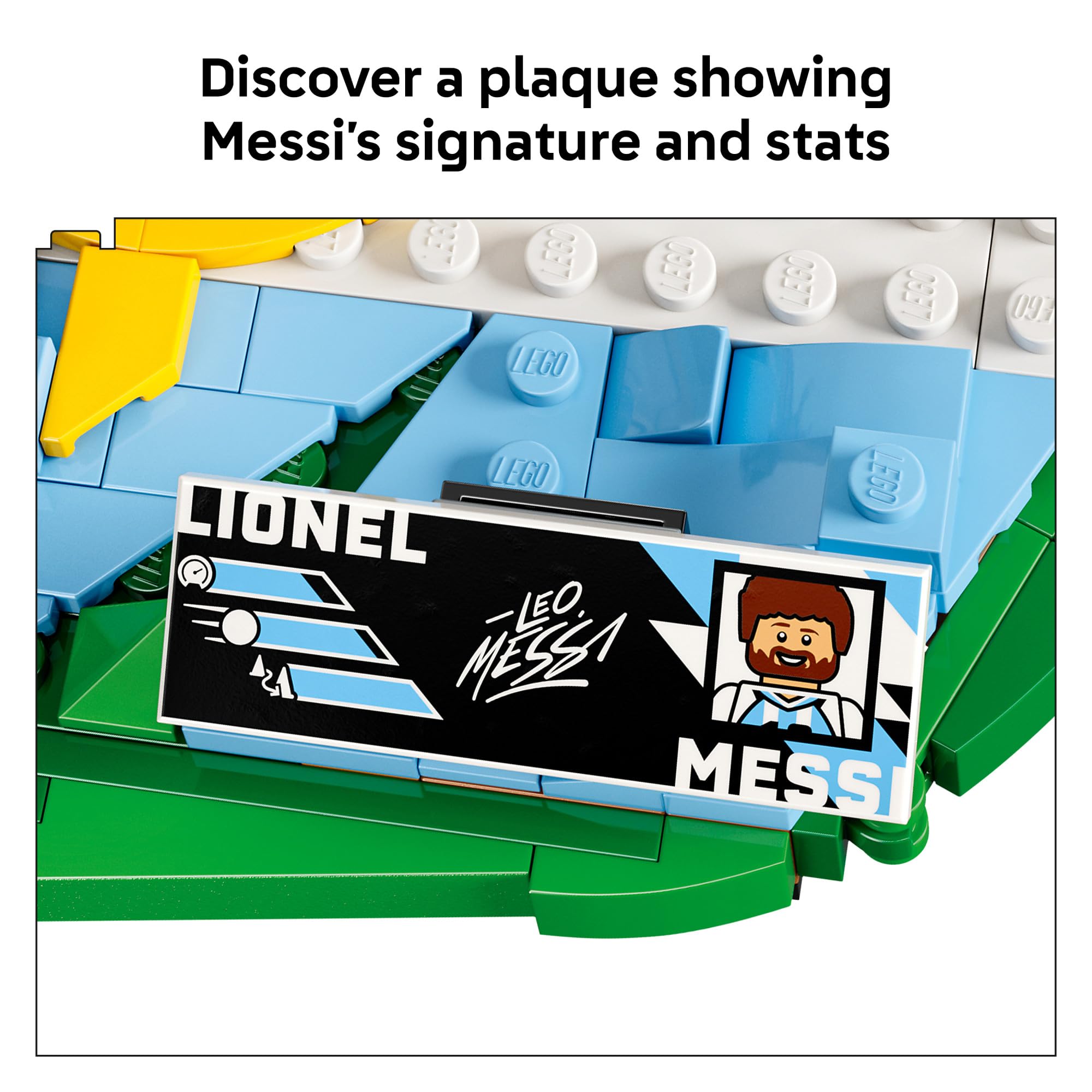 LEGO Messi gran número 10 y portería que resaltan la temática futbolística