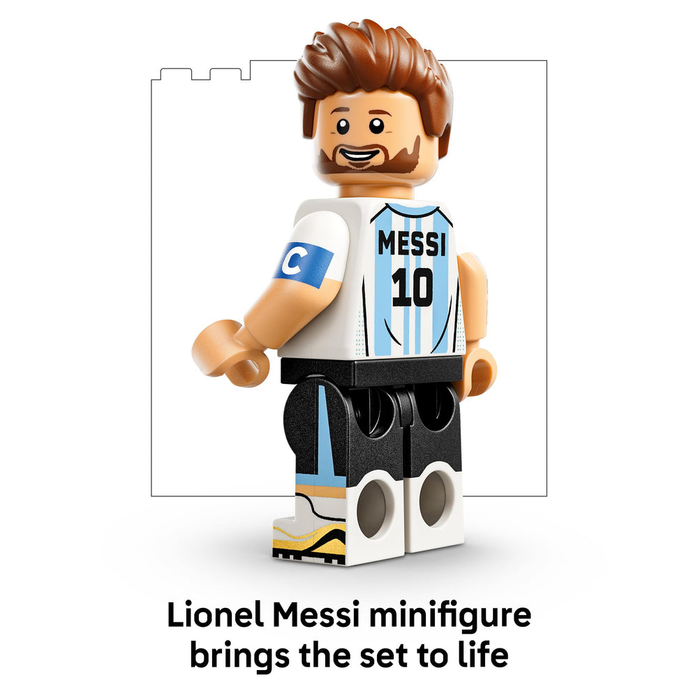 LEGO Messi placa con estadísticas visibles para coleccionistas y fans