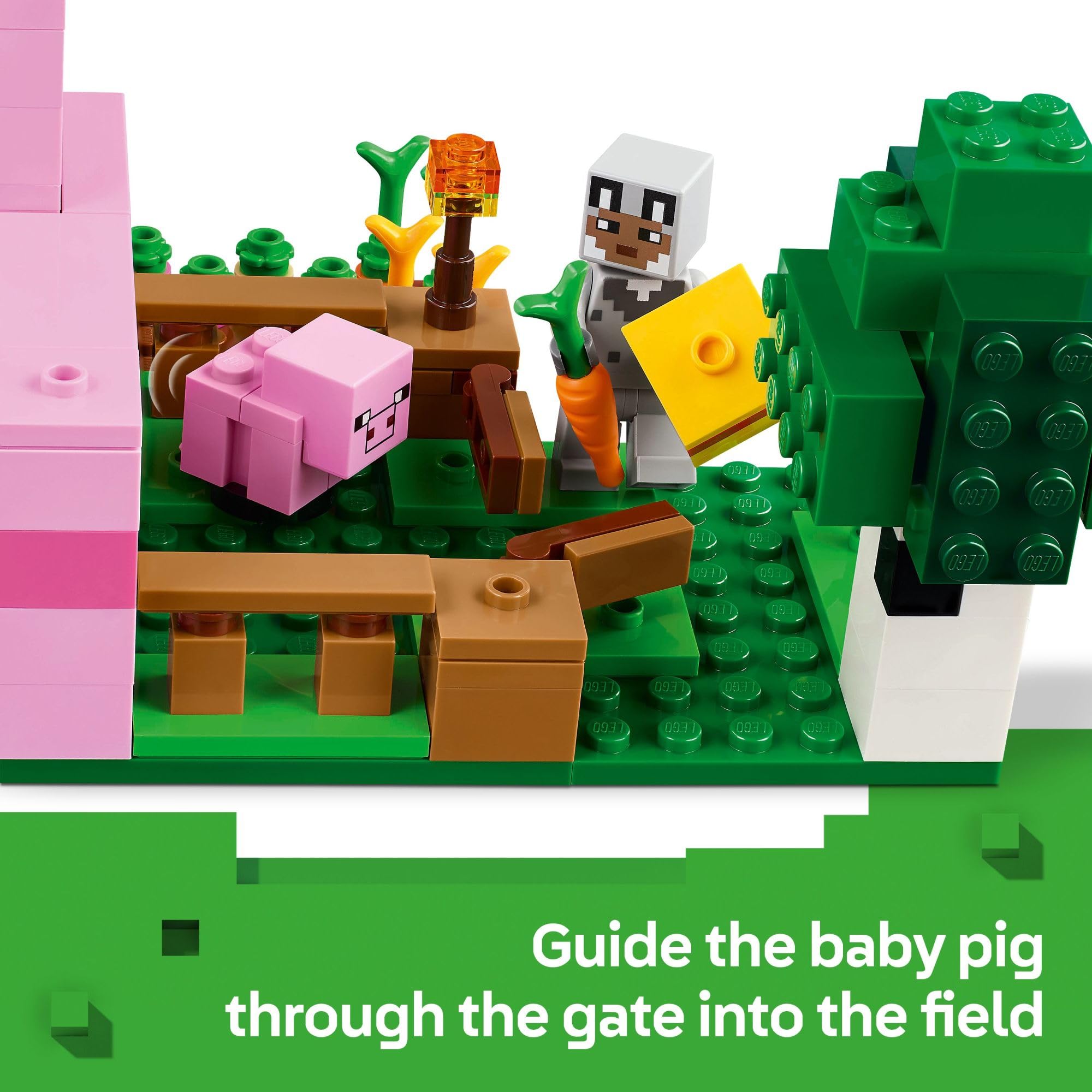 LEGO niño montando al cerdo adulto mostrando diversión y seguridad