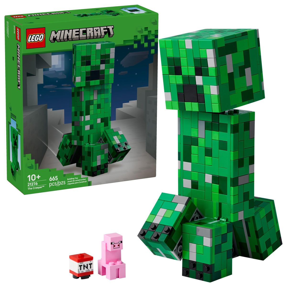 LEGO Creeper vista frontal mostrando el diseño pixelado y alto impacto decorativo