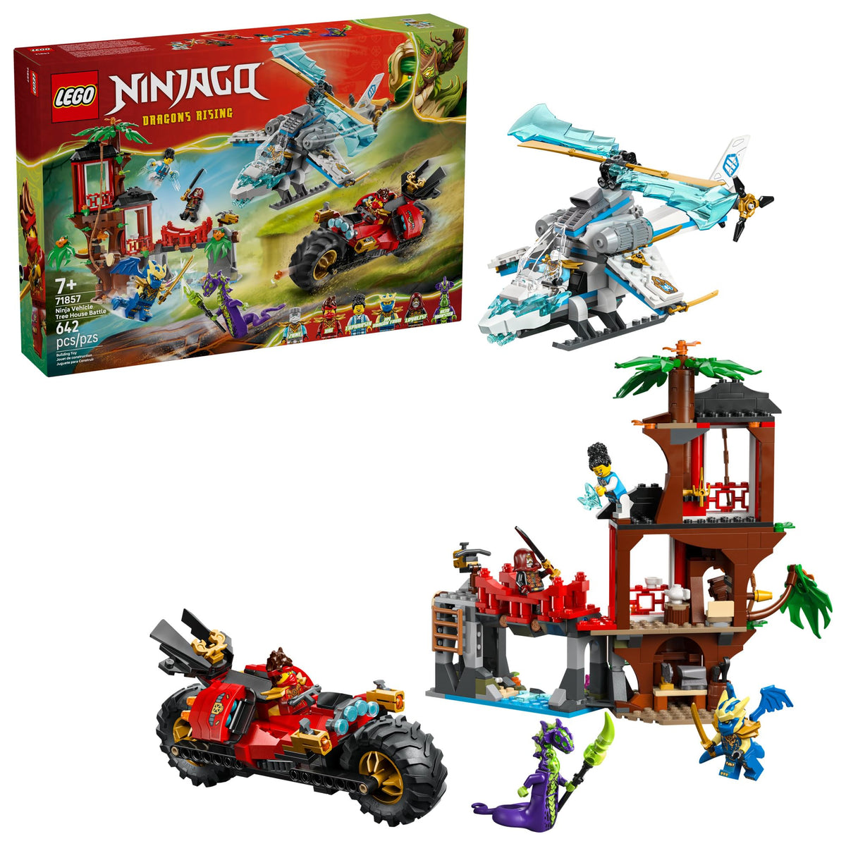 LEGO NINJAGO casa-árbol frontal mostrando estructura y juego interactivo
