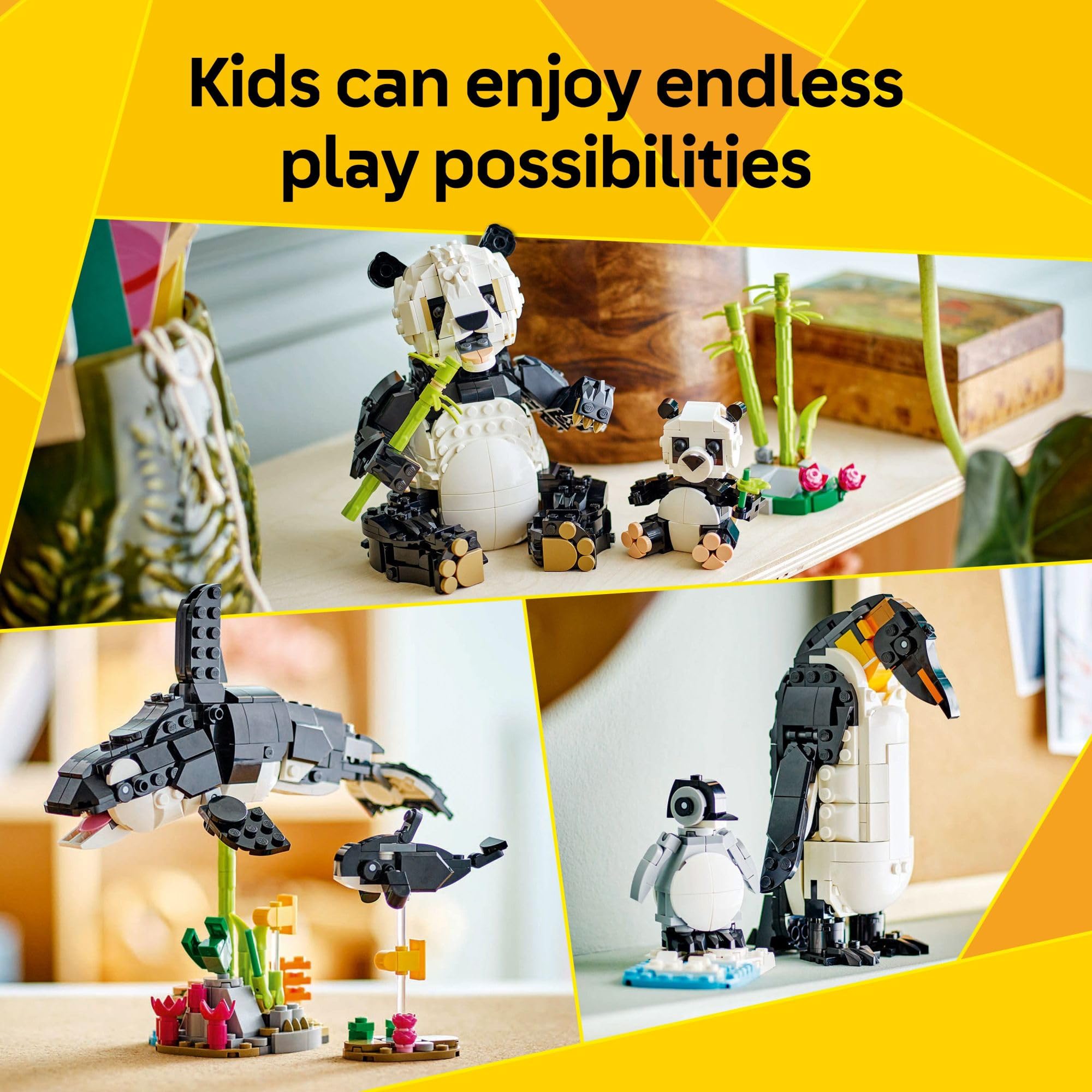 LEGO orca posada en soporte mostrando movimiento y exhibición fácil